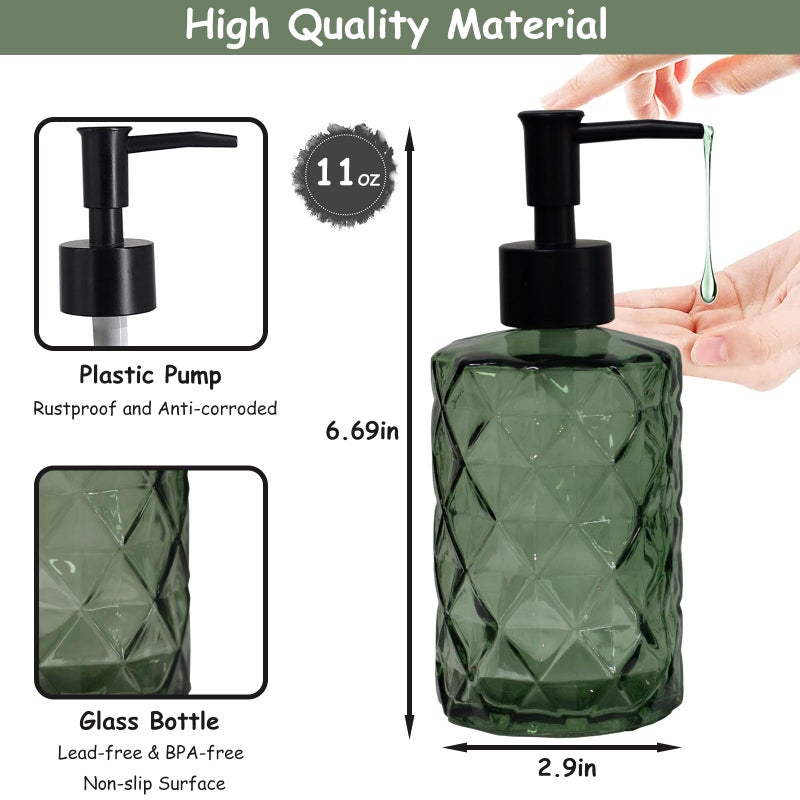 YYTSGG Green Glass Soap Dispenser with Black Plastic Pump  12oz Refillable Liquid Hand Soap Dispenser  2 Pack Crystal Lotion Bottle for Modern Home Decor  Bathroom  Kitchen Countertop  Hotel - Image 2